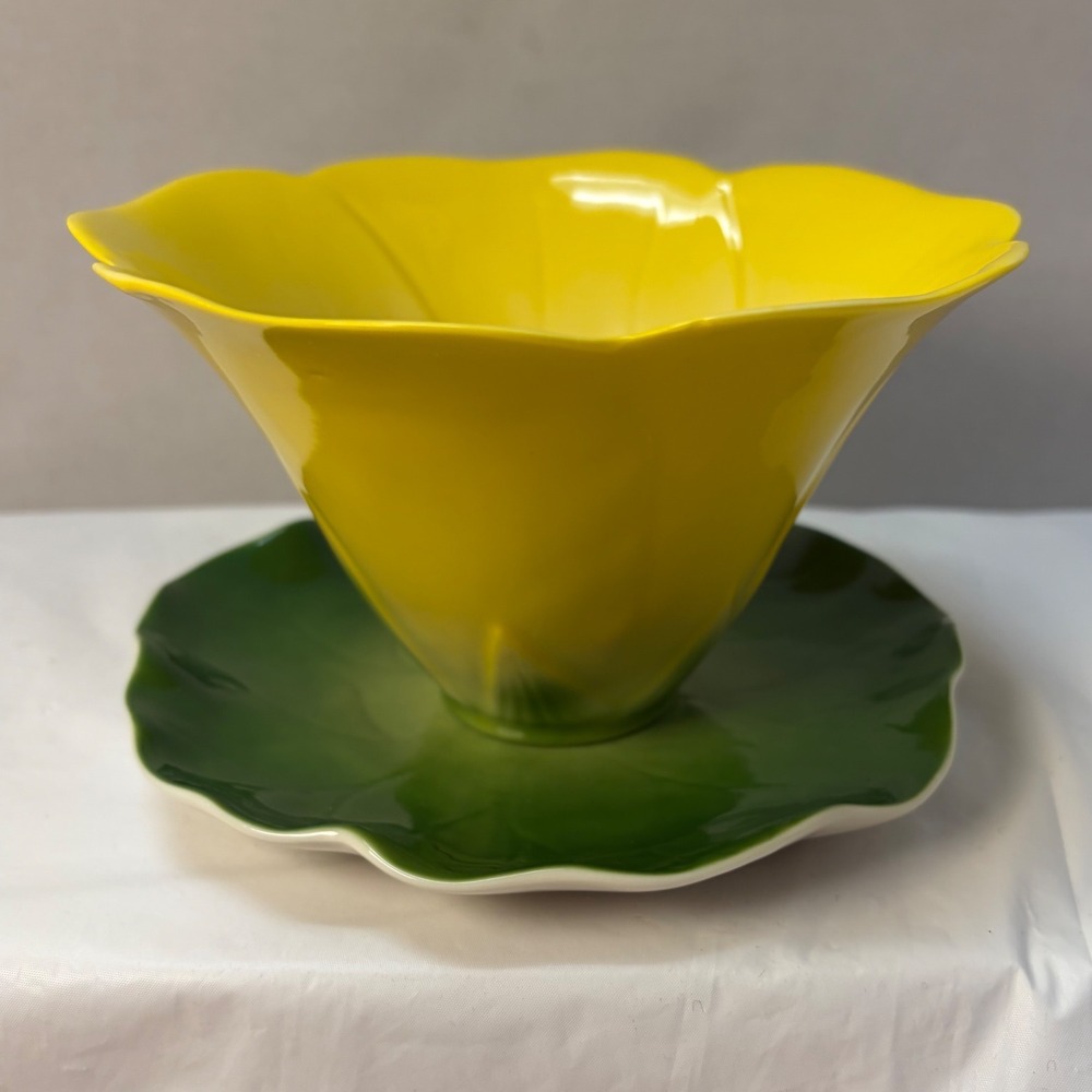 I. Godinger & Co Yellow Flower Bowl and Green Leaf Saucer Set Ceramic Set